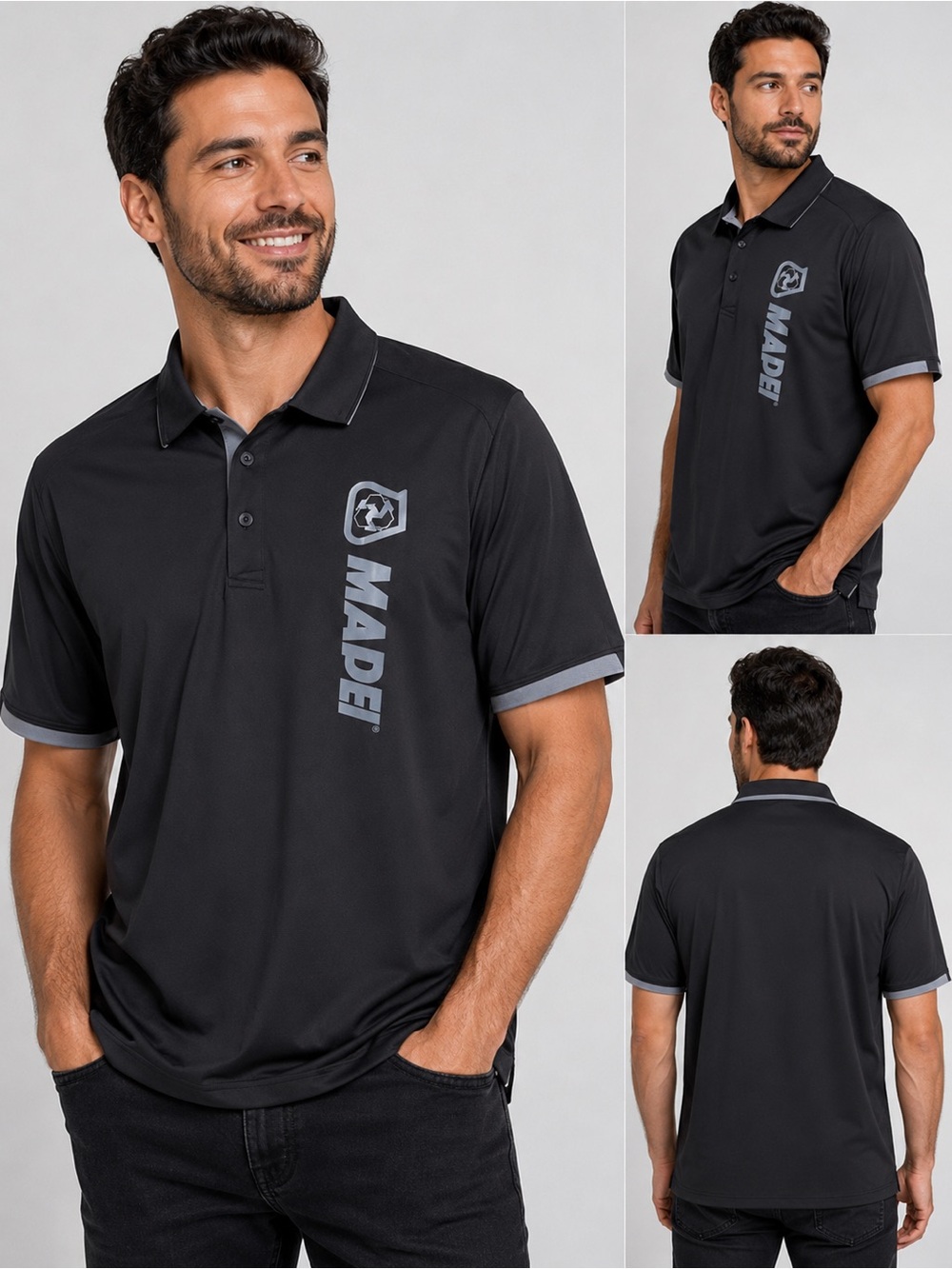 Trimark Men’s 2XL Performance Polo Shirt Black Gray MADE Logo 100% Polyester